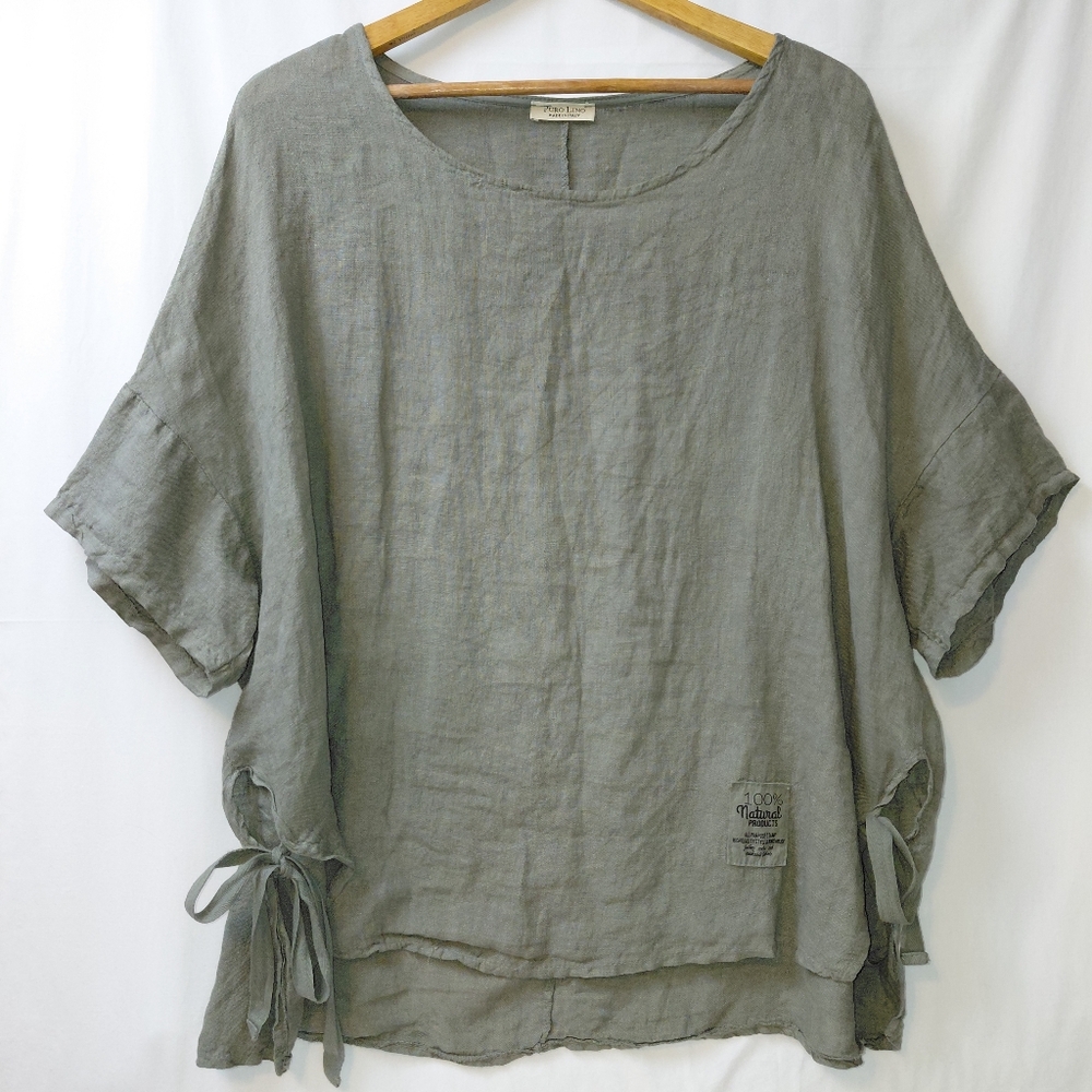 Puro Lino 100% Linen Tunic Top Women's One Size Side Ties Olive Green Italy Made